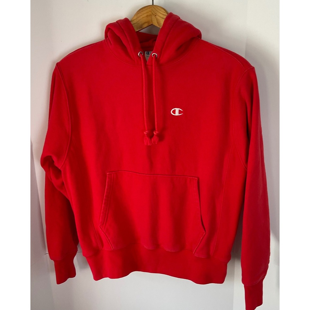 Champion Reverse Weave Red Hoodie Mens Medium GF68 Pullover Sweatshirt C Logo